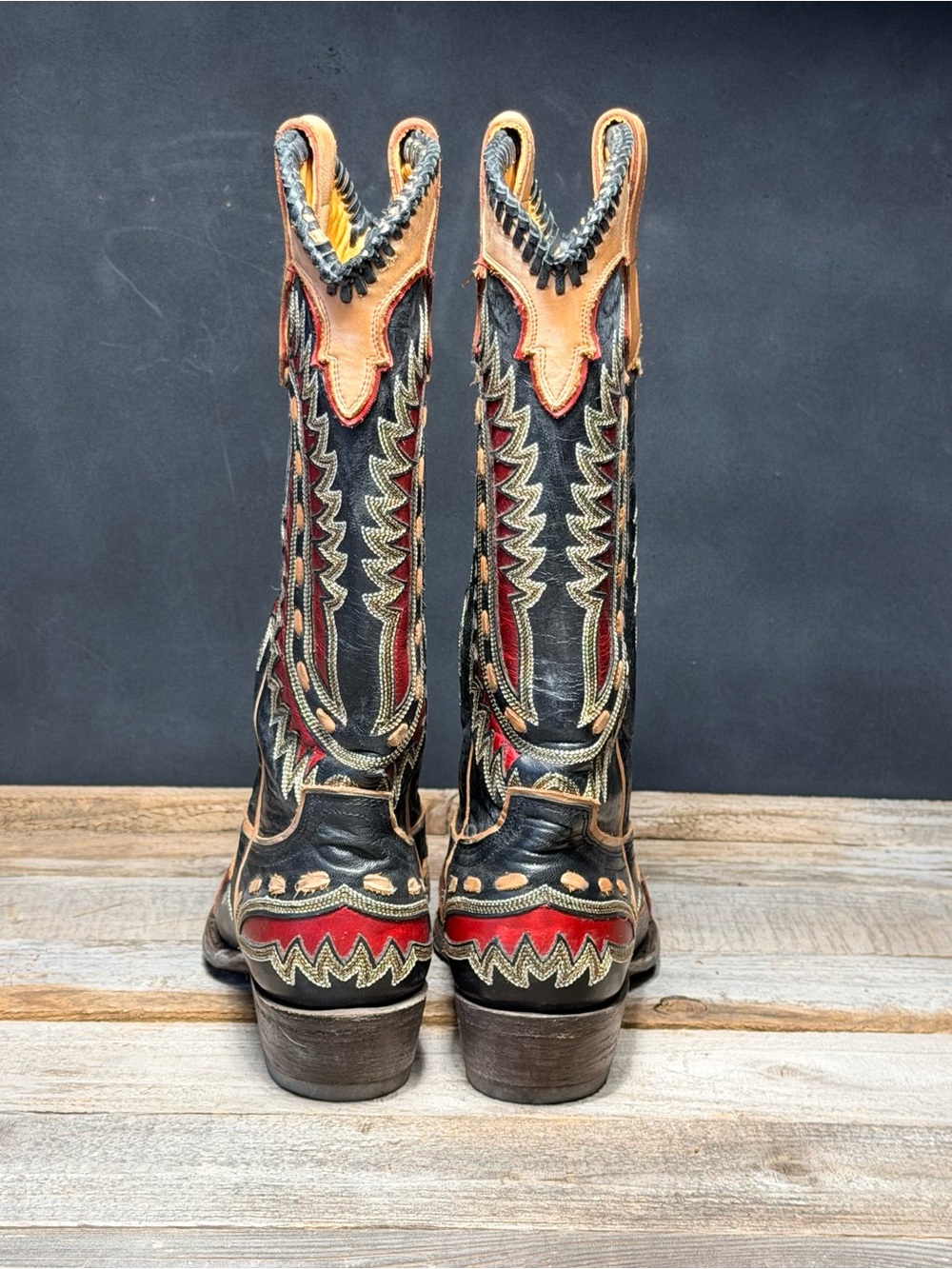 Old Gringo Black, Tan & Red Tooled Leather Cowboy Boots - Picture 4 of 13